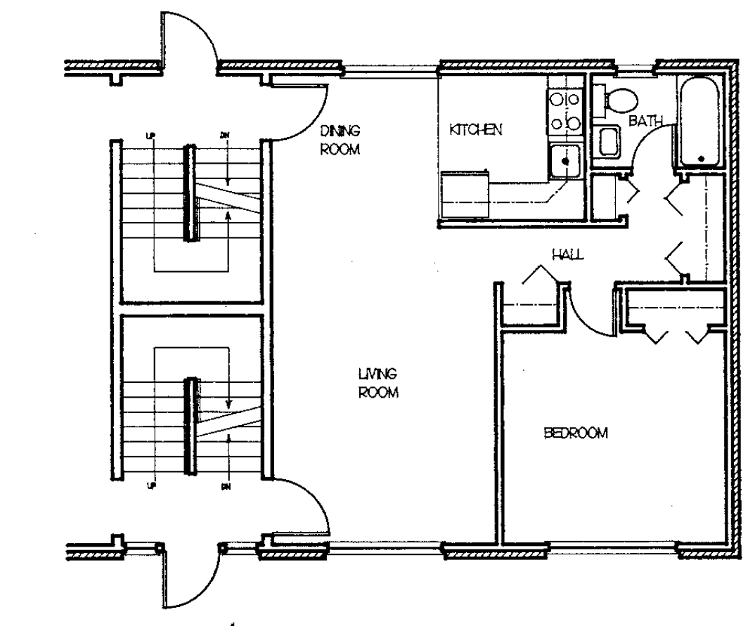 Floor plan for 1 bed, 1 bath, 665 sqft